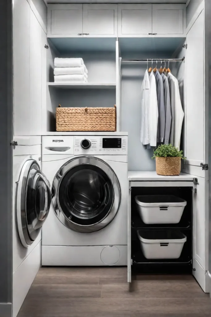Small laundry closet with spacesaving features