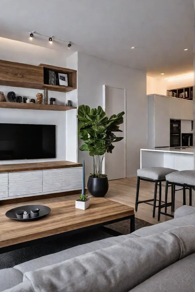 Small living room with smart storage and multifunctional furniture
