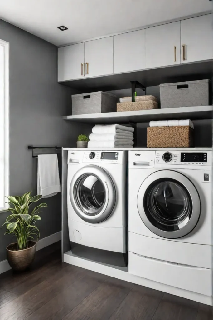 Small laundry room balancing visual appeal with functional storage