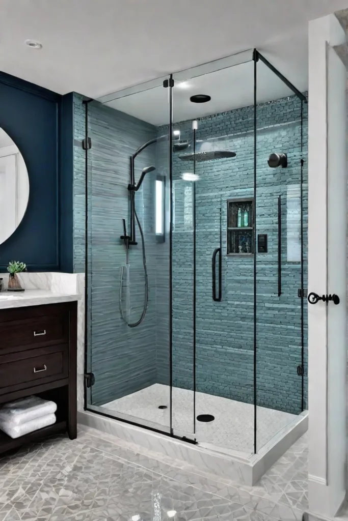 Steam shower with mosaic tile and frameless glass door