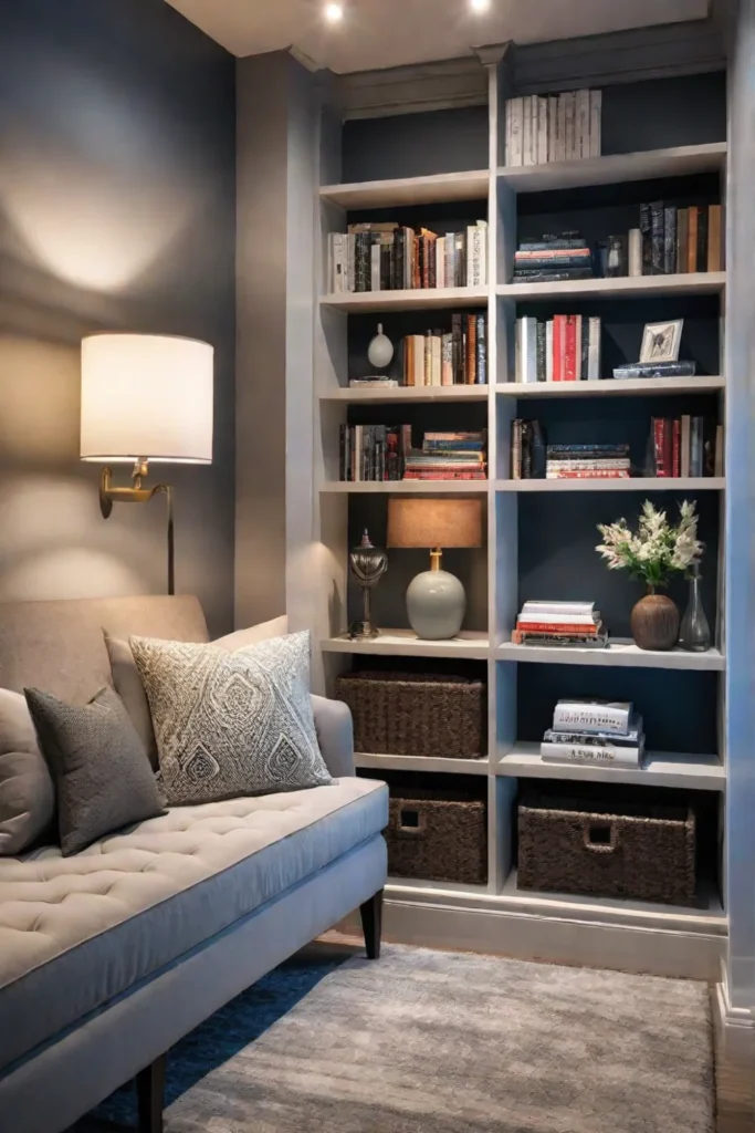 Storage ottoman and table lamp in a cozy reading nook