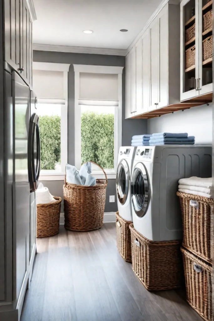 Storage solutions using fabric and wicker baskets in a laundry room