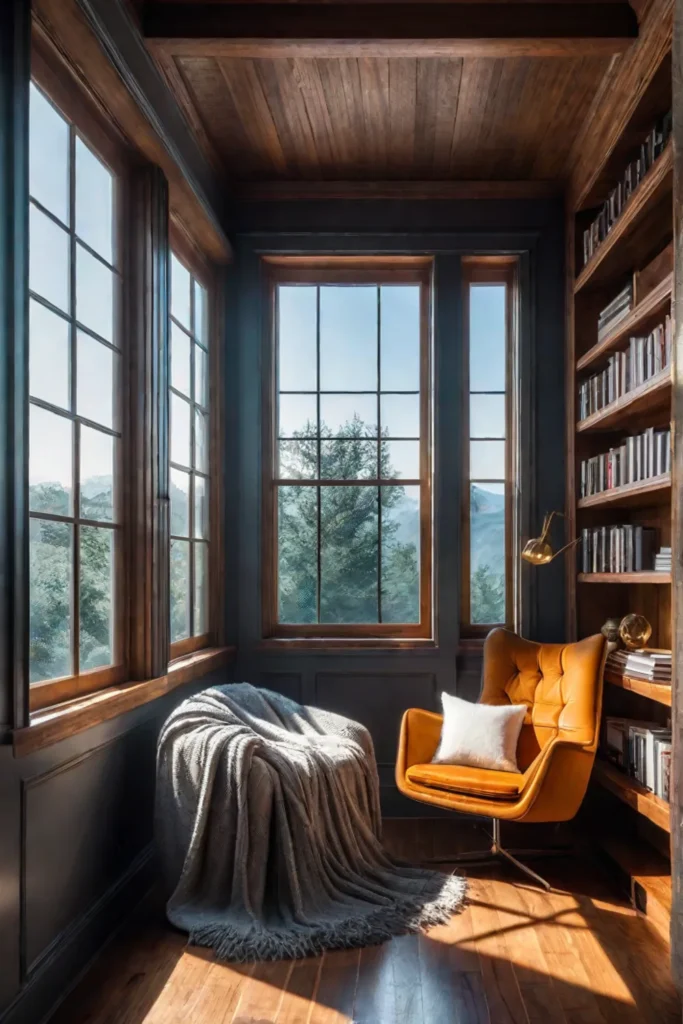 Sunlit reading nook with reclaimed wood bookcase