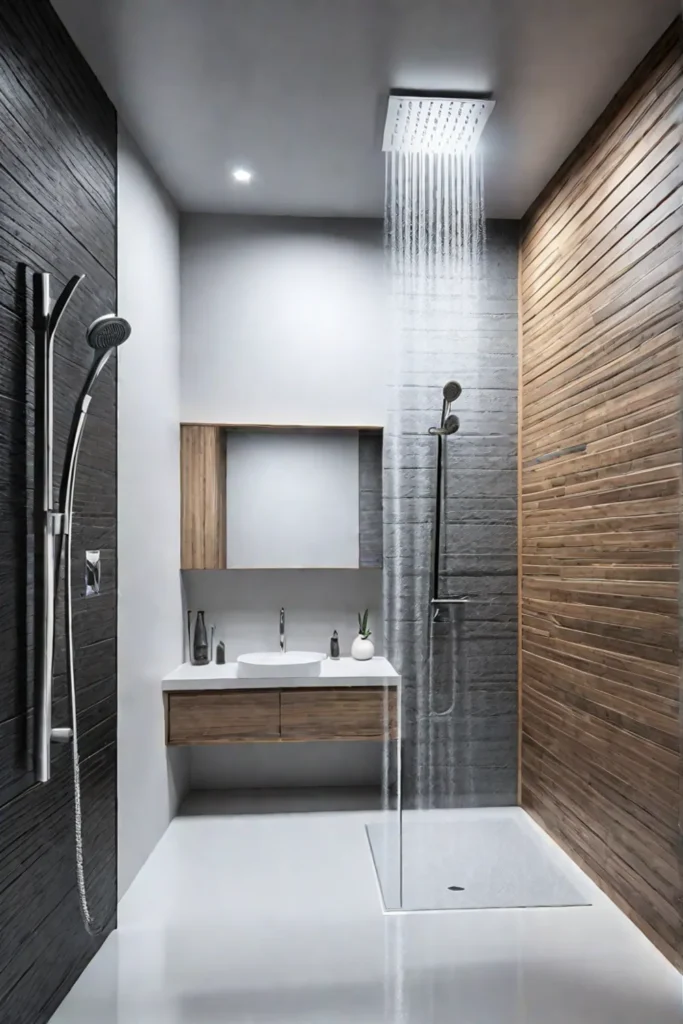Sustainable shower with watersaving fixtures and ecofriendly materials