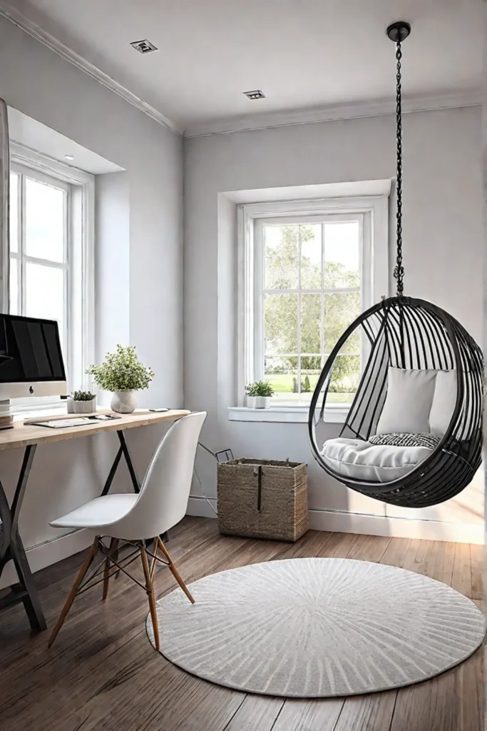 Teenagers bedroom with a hanging chair and a studygaming area