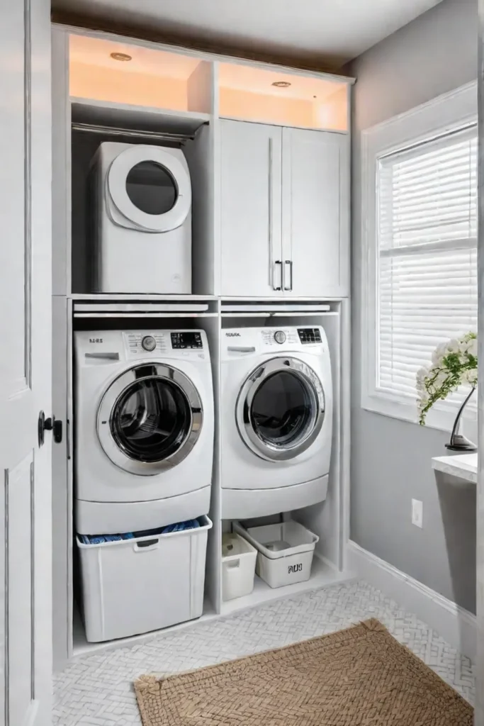 Tiny laundry room utilizing a slim cart to optimize space