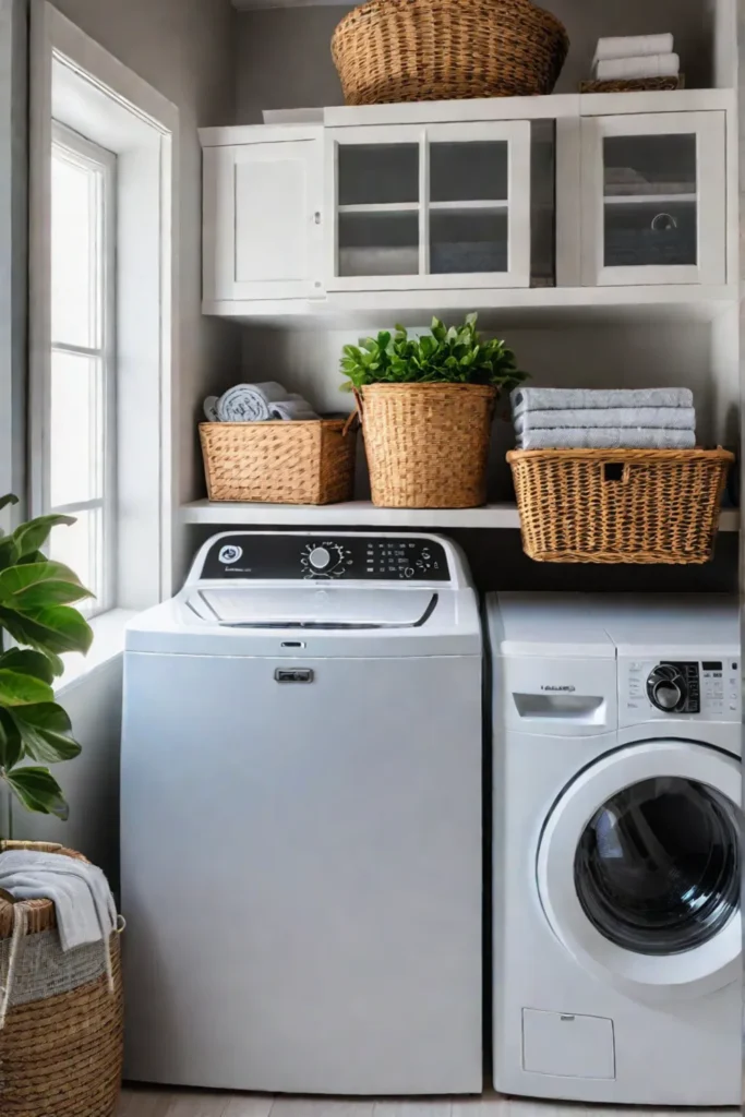 Tiny laundry room with repurposed furniture and hidden storage compartments