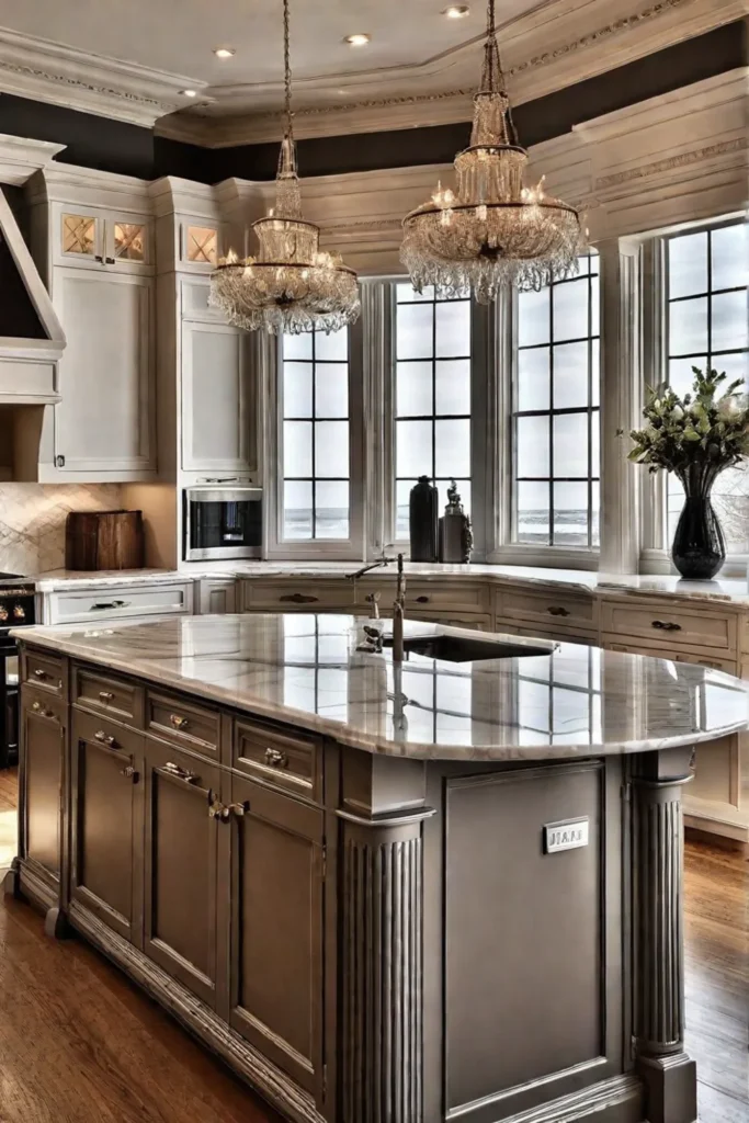 Traditional kitchen with classic marble island countertop