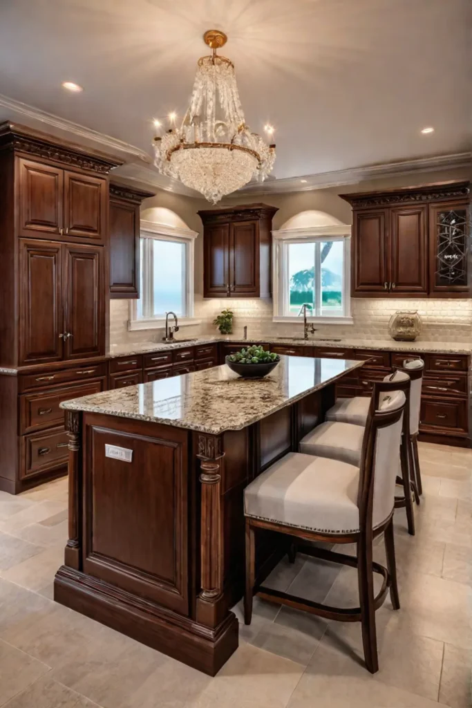 Traditional kitchen with cherry wood raisedpanel cabinets and granite countertops