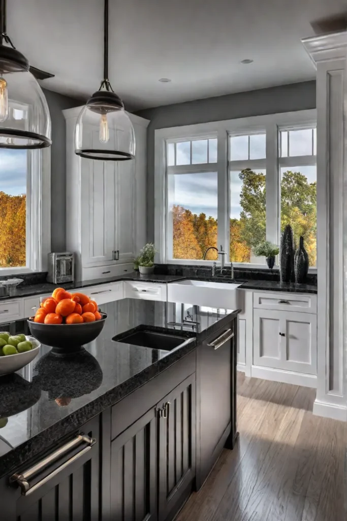 Transitional kitchen with dark granite island countertop and white cabinets