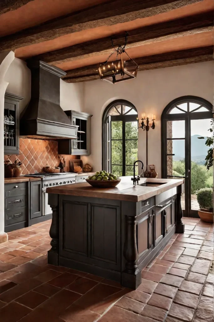 Tuscan kitchen with rustic island and terracotta flooring