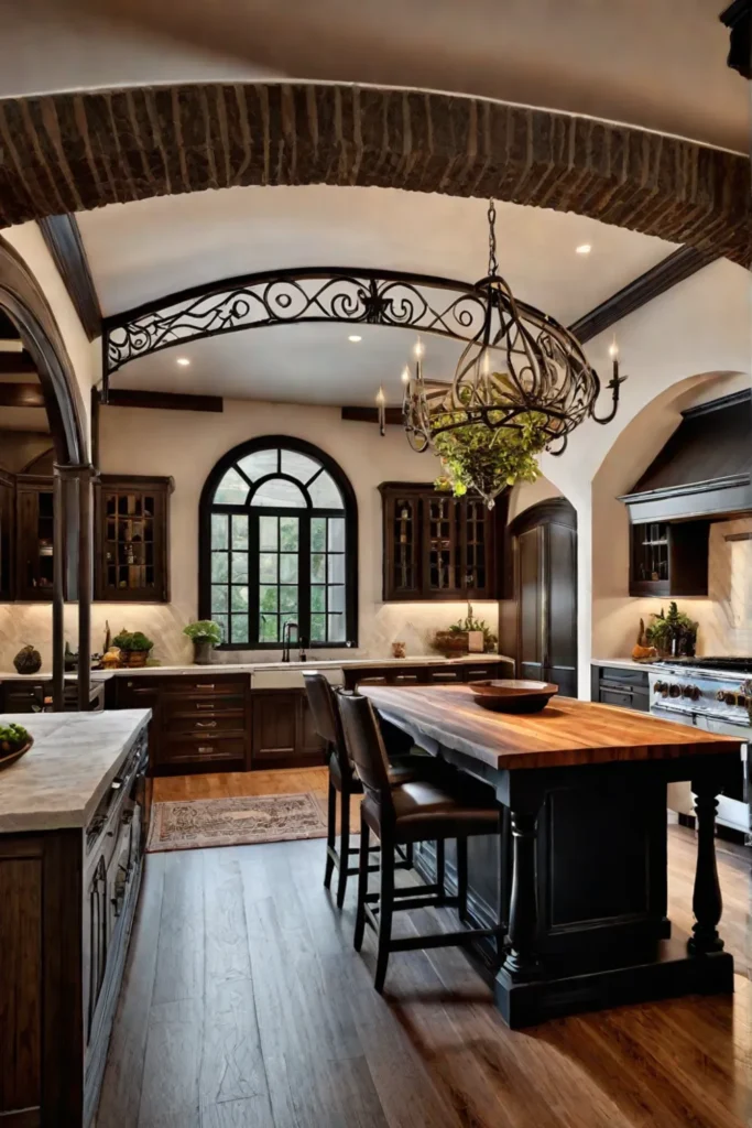 Tuscan kitchen with stone archway and wrought iron lighting