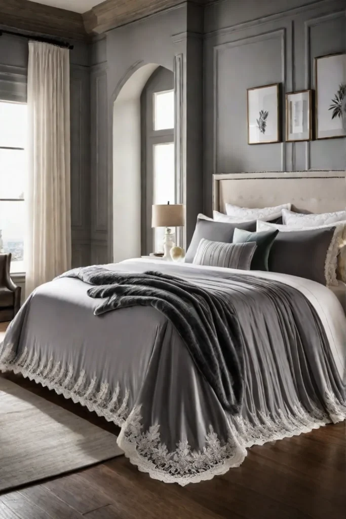 Velvety bed skirt with lace trim in cozy bedroom