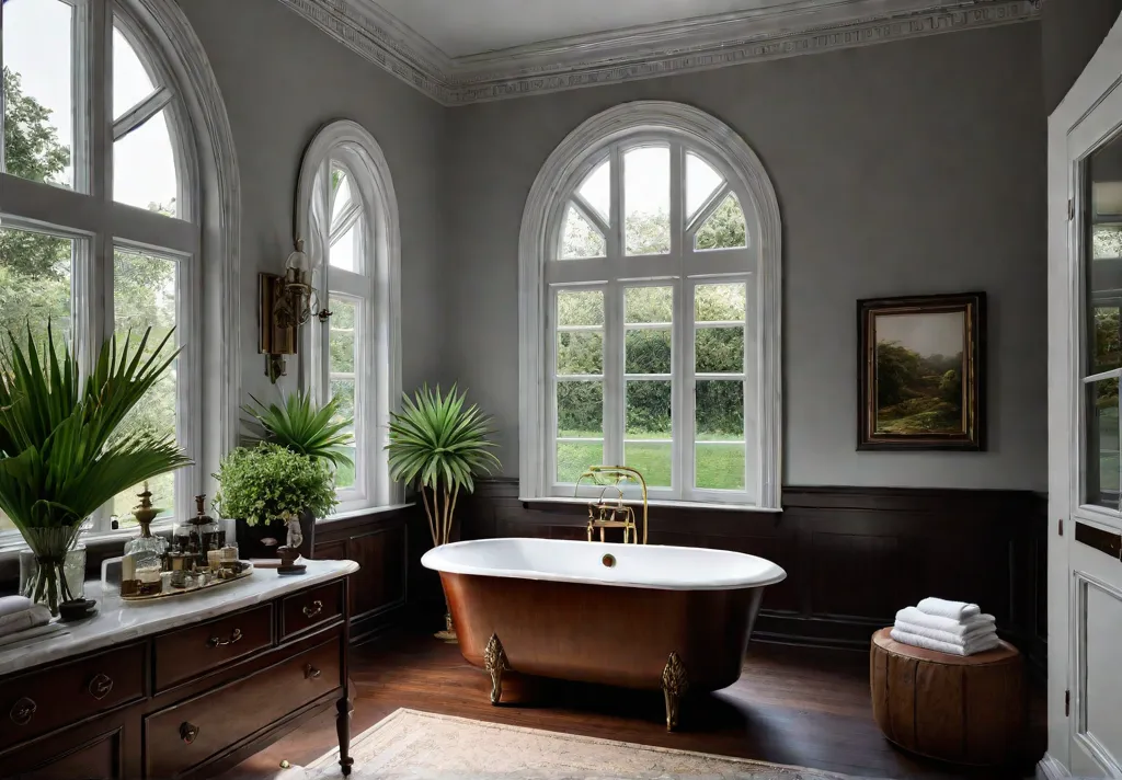 A bright and airy bathroom with a large window showcasing a viewfeat
