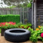 A charming backyard with repurposed items like tires and pallets transformed intofeat
