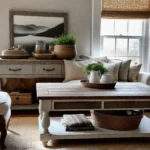 A cozy farmhouse living room with a repurposed wooden coffee table asfeat
