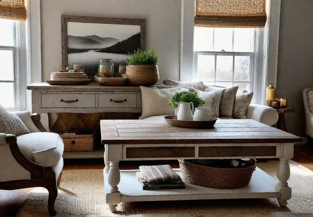 A cozy farmhouse living room with a repurposed wooden coffee table asfeat