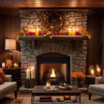 A cozy living room bathed in the warm glow of a cracklingfeat
