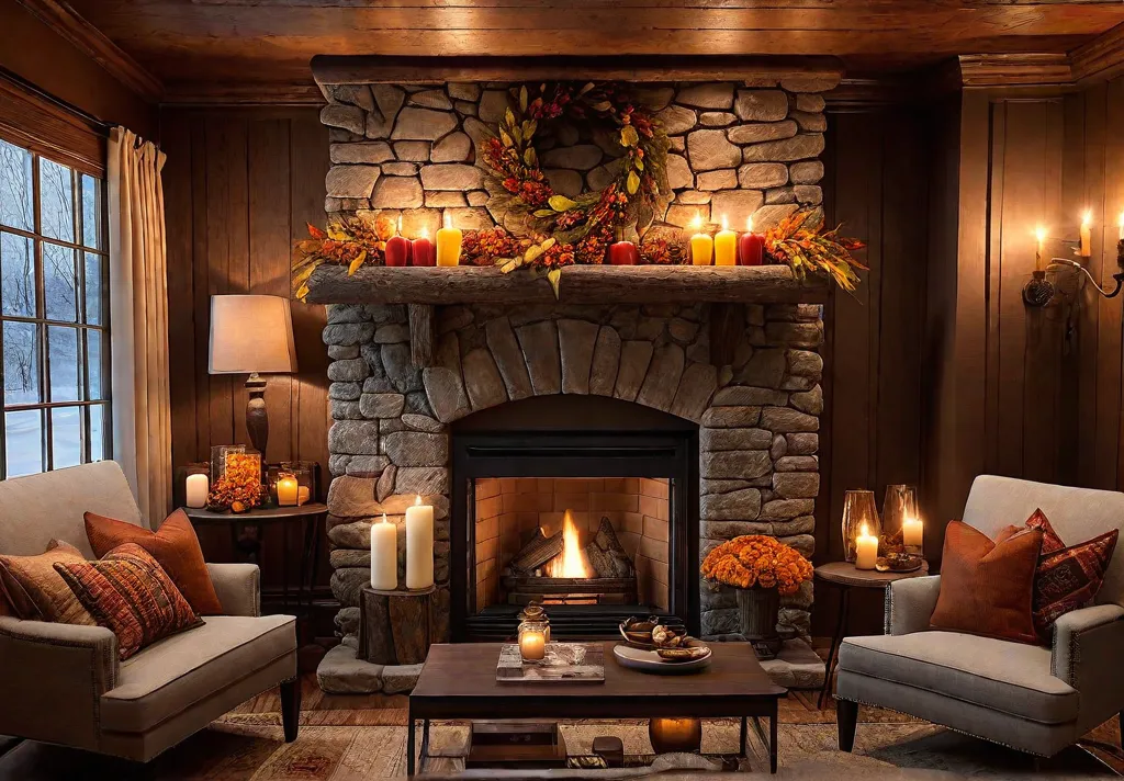 A cozy living room bathed in the warm glow of a cracklingfeat