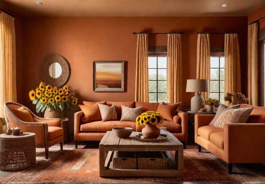 A cozy living room bathed in the warm glow of a sunsetinspiredfeat