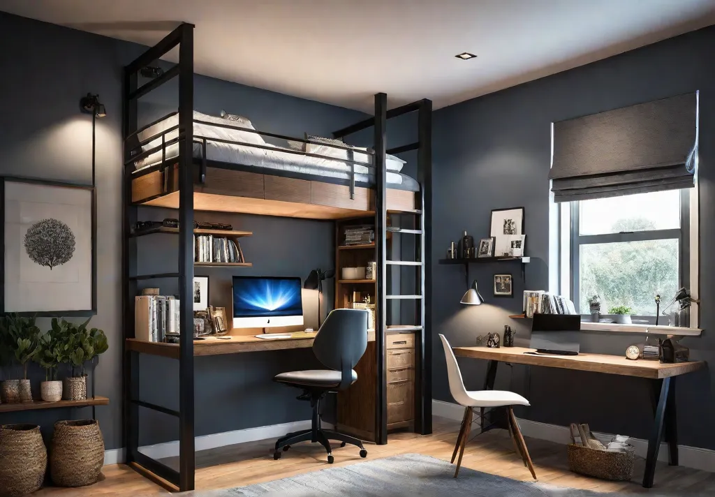 A cozy small bedroom with a loft bed a desk underneath andfeat