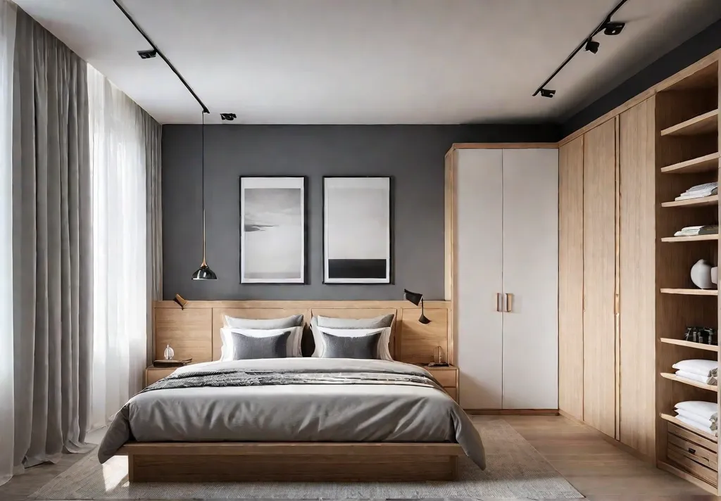 A cozy sunlit small bedroom with a high bed featuring spacious drawersfeat