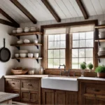 A farmhouse kitchen bathed in warm natural light with exposed wooden beamsfeat