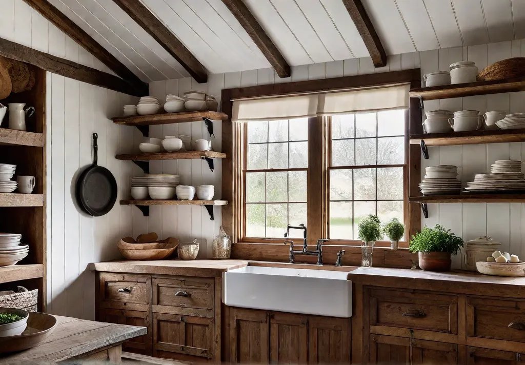 A farmhouse kitchen bathed in warm natural light with exposed wooden beamsfeat