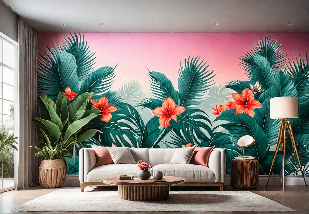A living room with a statement wall adorned in a bold tropicalfeat