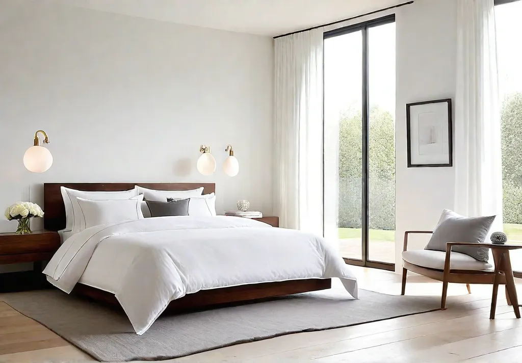 A minimalist bedroom bathed in soft natural light streaming through sheer whitefeat