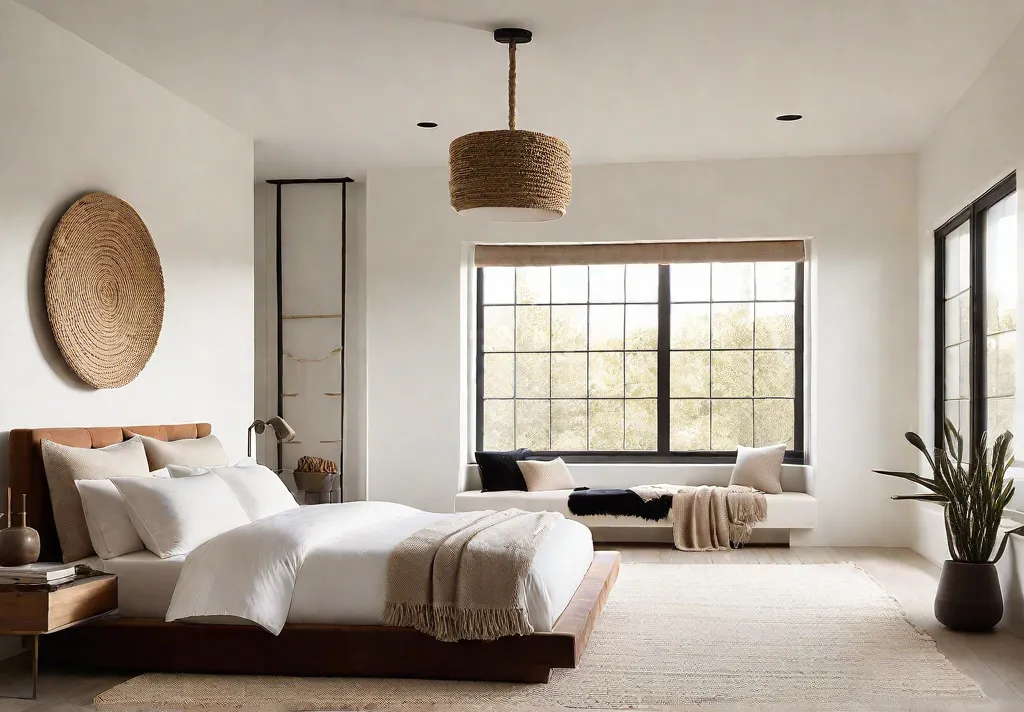 A minimalist bedroom bathed in soft sunlight featuring a platform bed withfeat