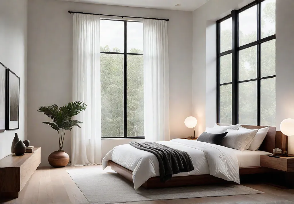 A minimalist bedroom with a neutral color palette featuring a platform bedfeat