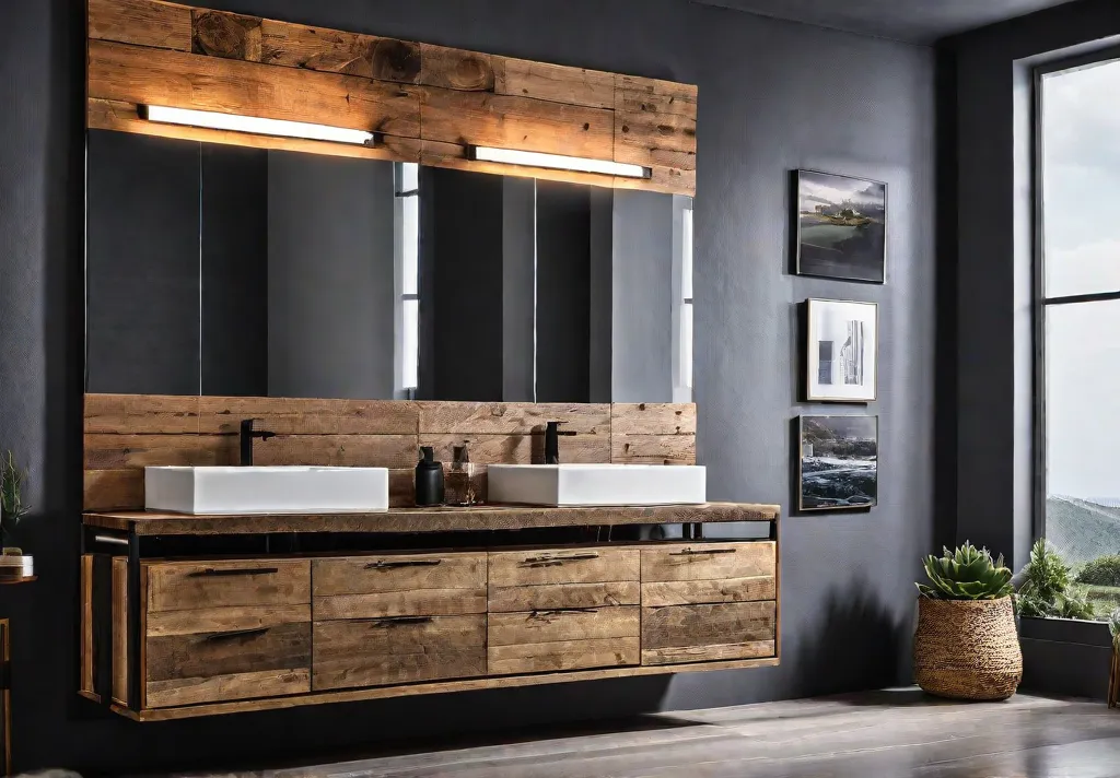 A modern bathroom with a unique vanity made from reclaimed wood addingfeat