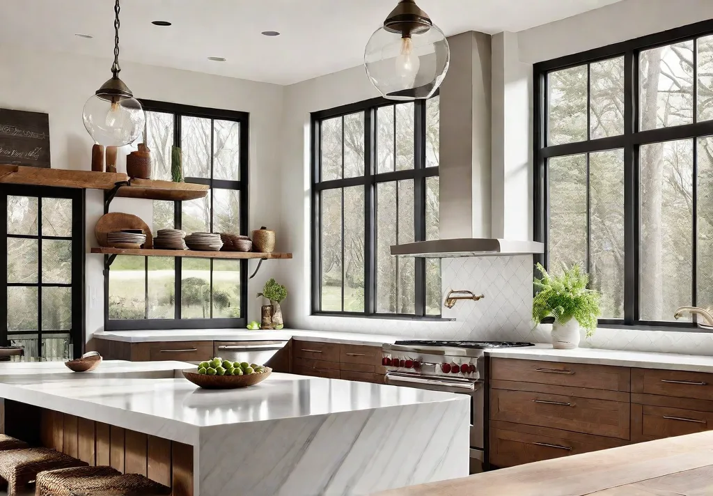 A modern farmhouse kitchen with stainless steel appliances white quartz countertops andfeat