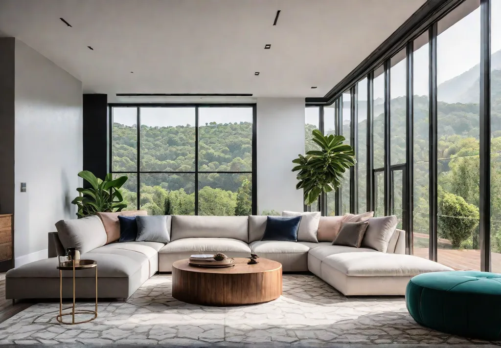 A modern living room bathed in natural light featuring a large sectionalfeat