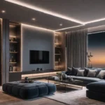A modern living room bathed in warm adjustable smart lighting highlighting afeat