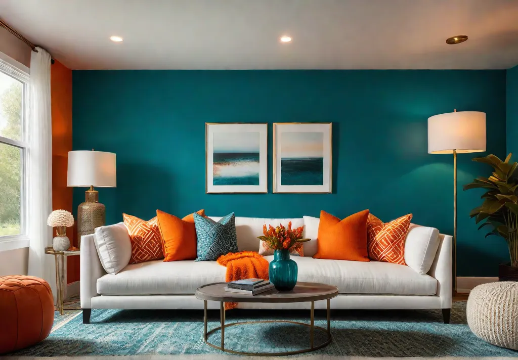 A modern living room with a bold teal accent wall behind afeat