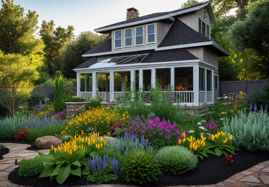 A serene backyard garden brimming with a diverse array of colorful nativefeat