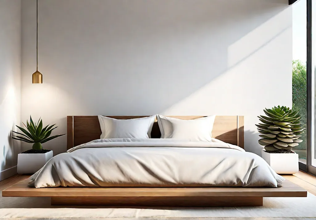 A serene minimalist bedroom with a low platform bed as the focalfeat