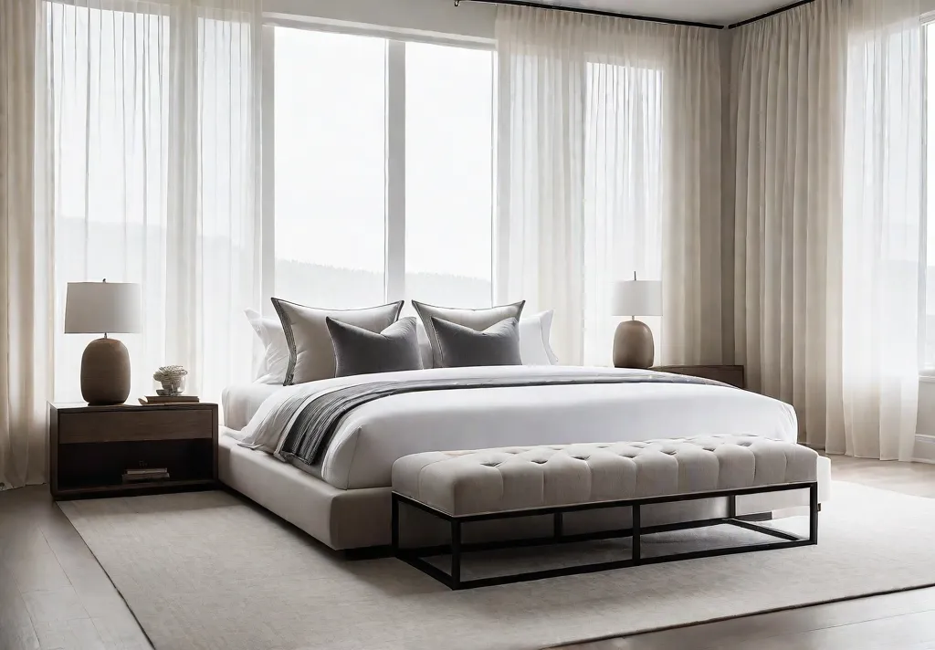 A serene minimalist bedroom with a platform bed featuring neutral tones andfeat