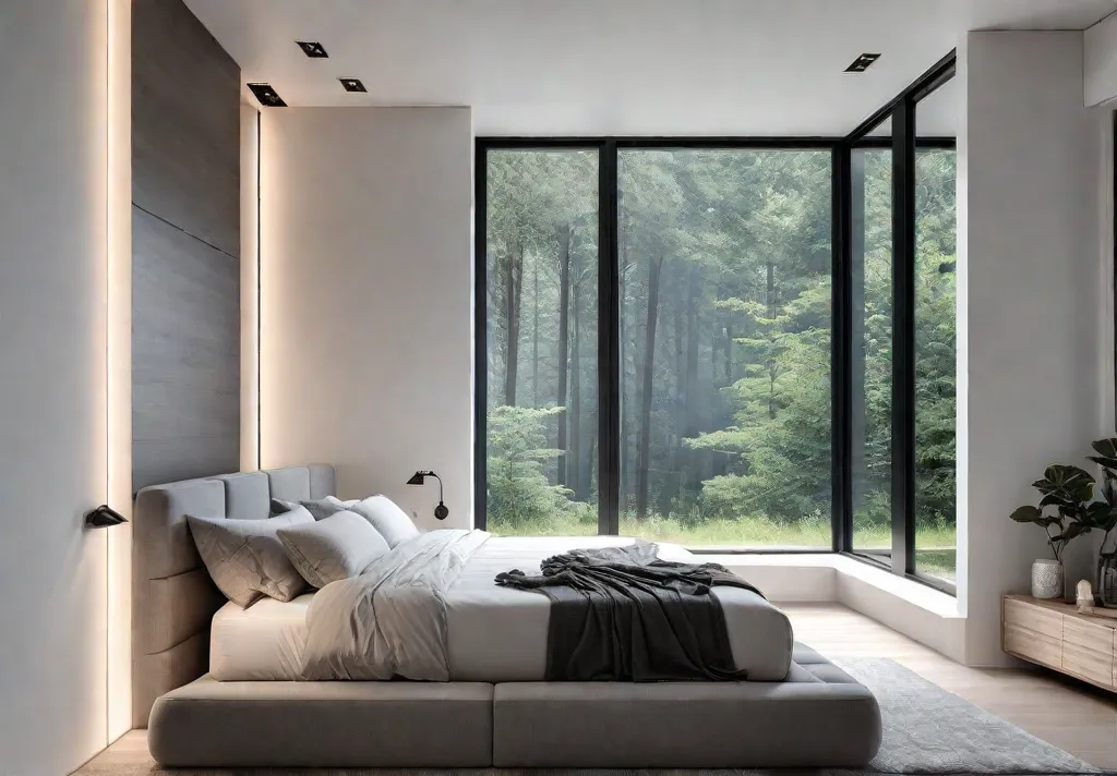 A small bedroom with a minimalist design featuring a platform bed withfeat