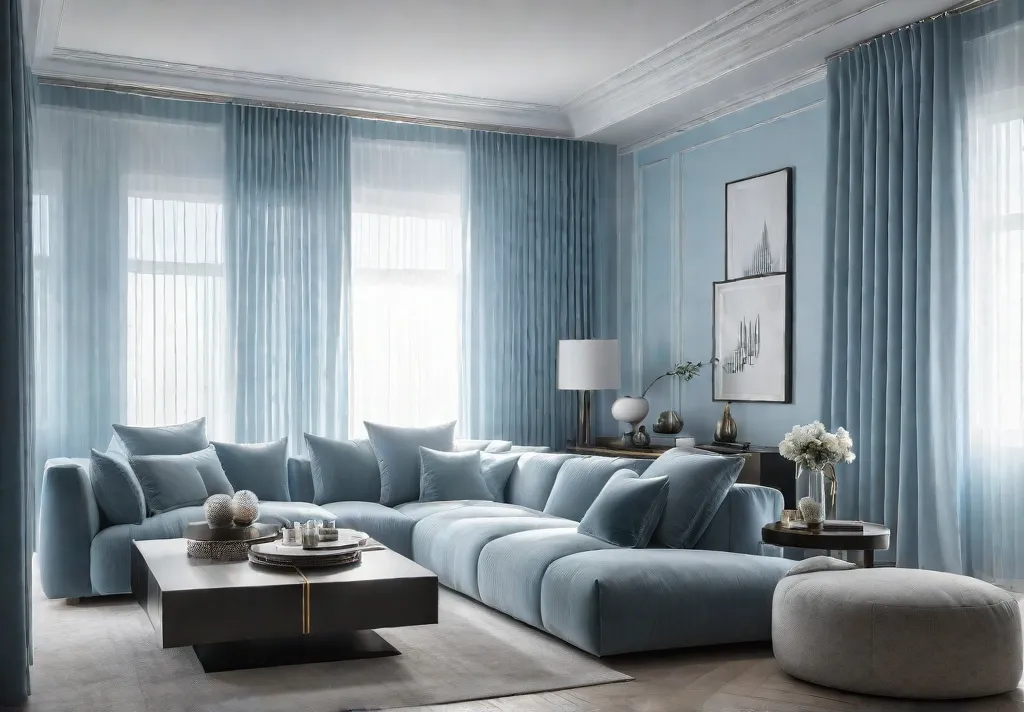 A small living room transformed with light blue wallpaper featuring a subtlefeat