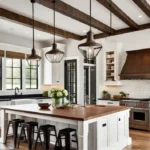 A spacious farmhouse kitchen bathed in warm natural light Wooden beams adornfeat