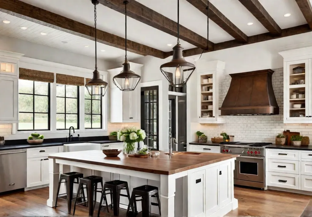 A spacious farmhouse kitchen bathed in warm natural light Wooden beams adornfeat