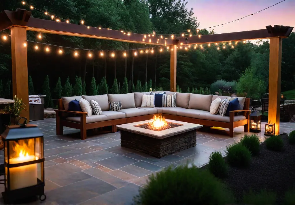A spacious patio with comfortable seating a fire pit and an outdoorfeat