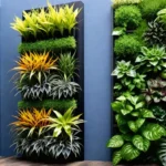 A vibrant vertical garden flourishing with a variety of plants and flowersfeat