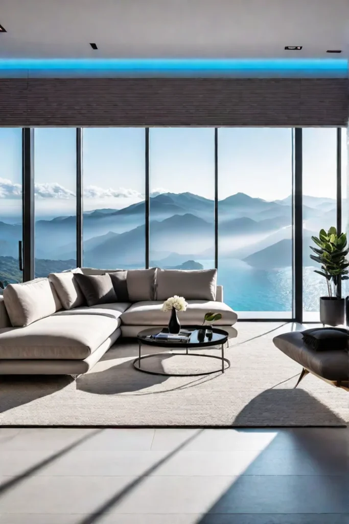 A futuristic living room showcasing the convenience of voicecontrolled smart home technology