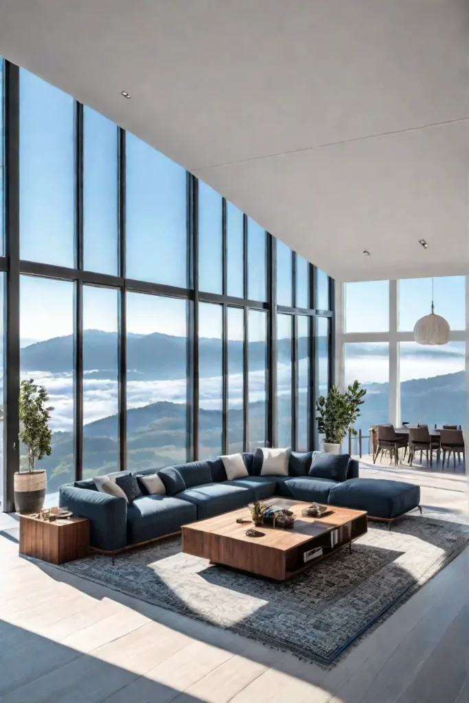 A living room with panoramic windows showcasing renewable energy integration and ecofriendly design