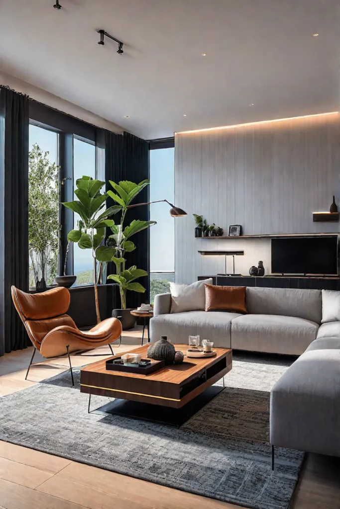 A minimalist living room showcasing the integration of smart home technology and stylish decor