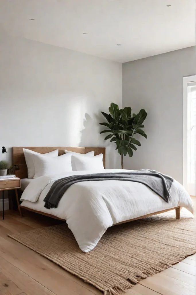 A serene minimalist bedroom with natural light and neutral tones